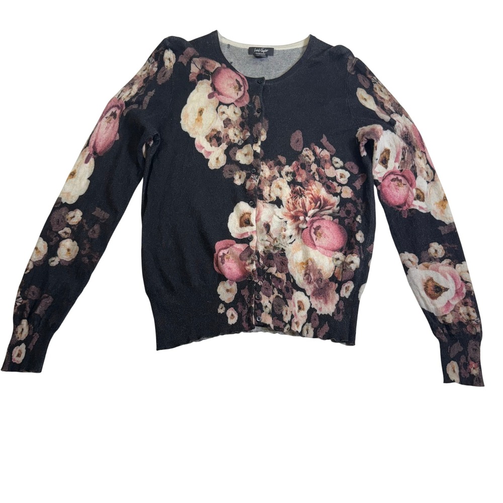 Lord & Taylor Cardigan Women XL Black Vintage 2000s Floral Cashmere Sweater
